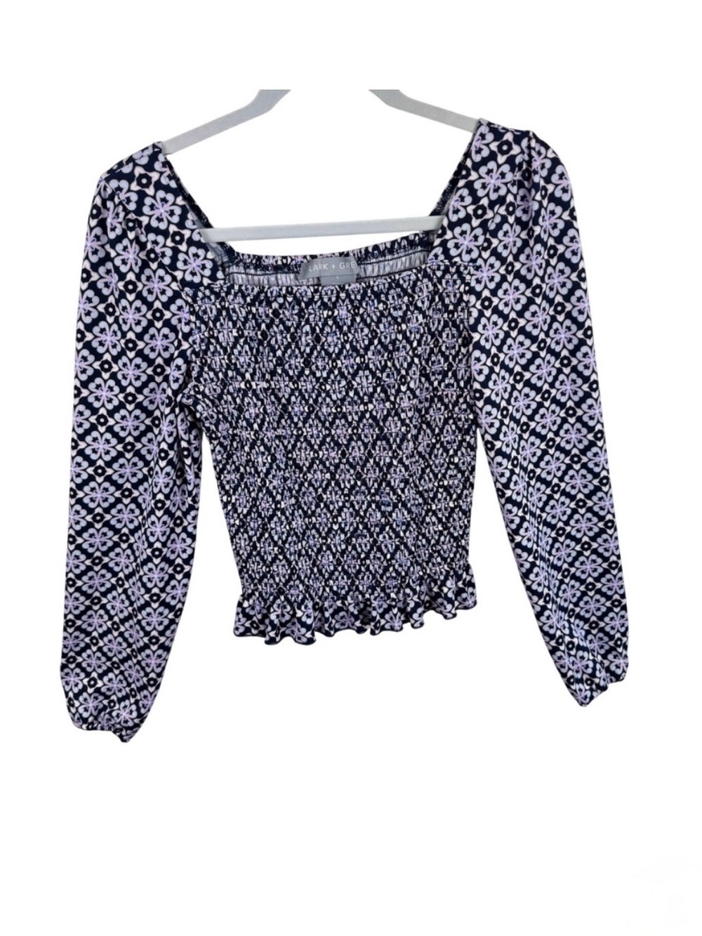 Lark + Grey Navy‎ Pink Floral Smocked Square Neck Long Sleeve Top Large